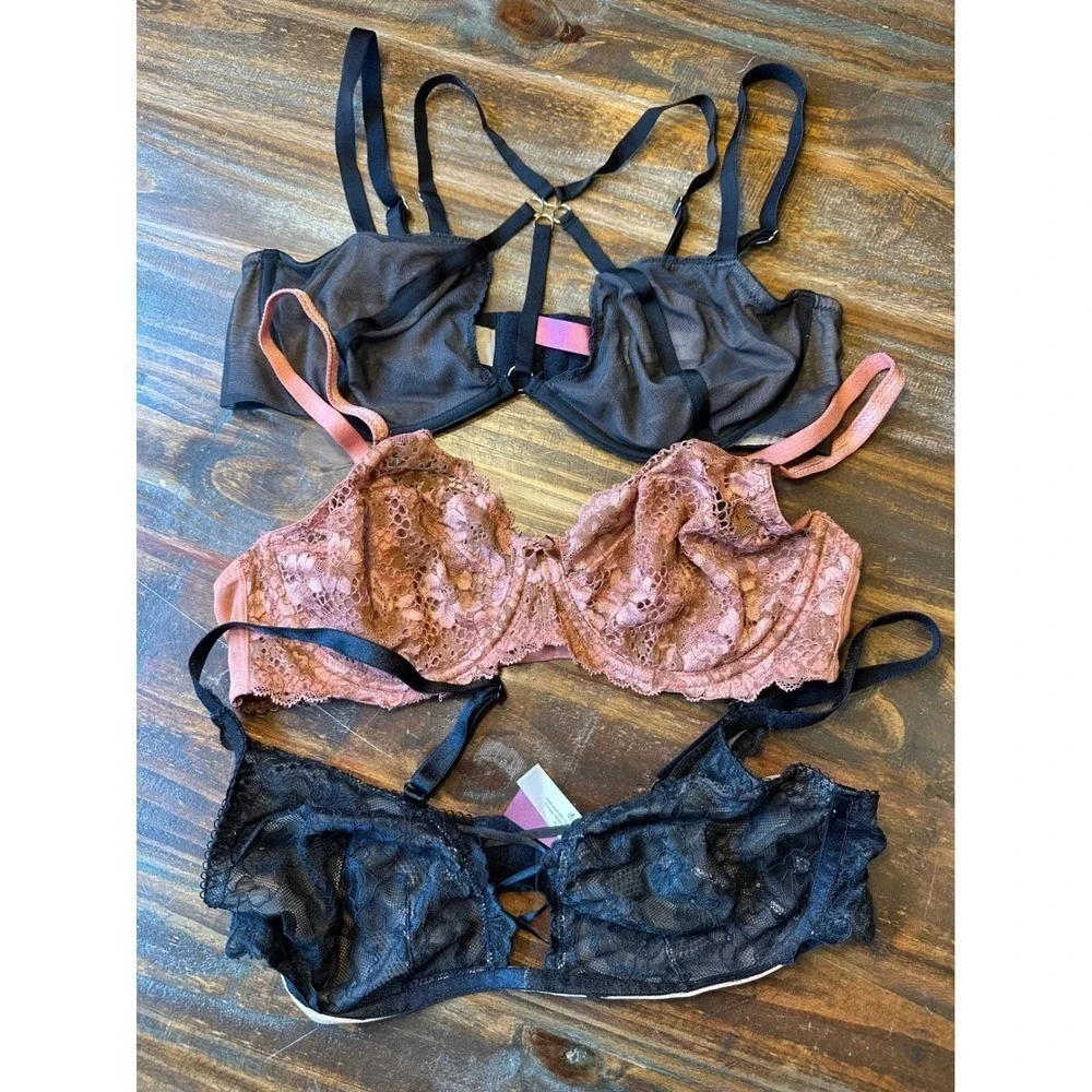 Adore‎ Me Womens Bra Bundle Set of 3 Lace Mesh Strappy Unlined Black Rose 36D